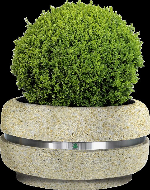 Pflanzbehälter TIMELESS aus rekonstituiertem Marmor sandgestrahlt, in gelb mori, Ringtaille aus Edelstahl