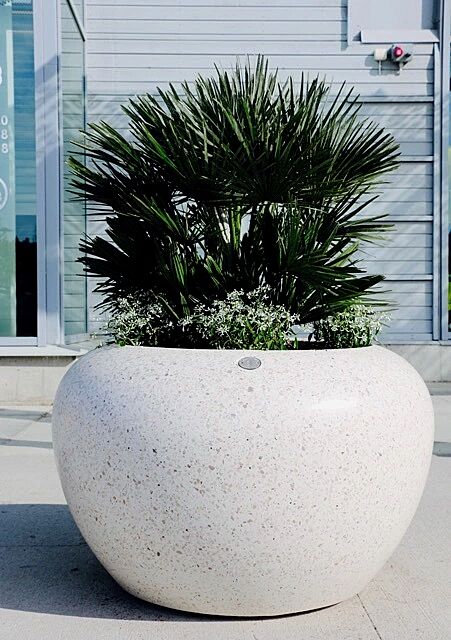 Pflanzbehälter LUNAO aus Beton geschliffen, in Granitoptik weiß