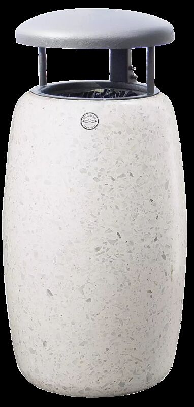 Abfallbehälter ORIONE aus Beton geschliffen, mit Stahl-Schutzdach in Sonderfarbe RAL 9007 graualuminium (auf Anfrage), in Granitoptik weiß
