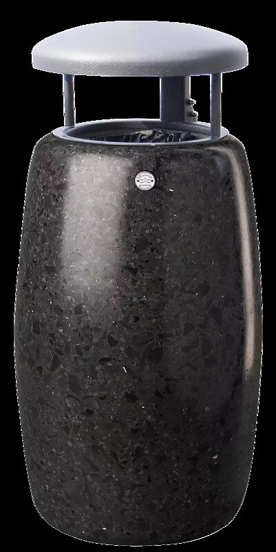 Abfallbehälter ORIONE aus rekonstituiertem Marmor geschliffen, mit Stahl-Schutzdach in Sonderfarbe RAL 9007 graualuminium (auf Anfrage), in schwarz ebano