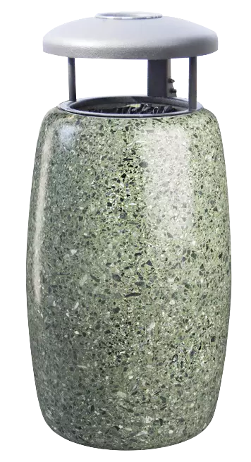 Abfallbehälter ORIONE aus rekonstituiertem Marmor geschliffent, mit Stahl-Schutzdach in Sonderfarbe RAL 9007 graualuminium (auf Anfrage) und Ascher, in grün alpi
