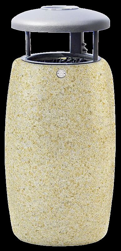 Abfallbehälter ORIONE aus rekonstituiertem Marmor gestockt, in gelb mori, mit Stahl-Schutzdach in Sonderfarbe RAL 9007 graualuminium (auf Anfrage) und Ascher