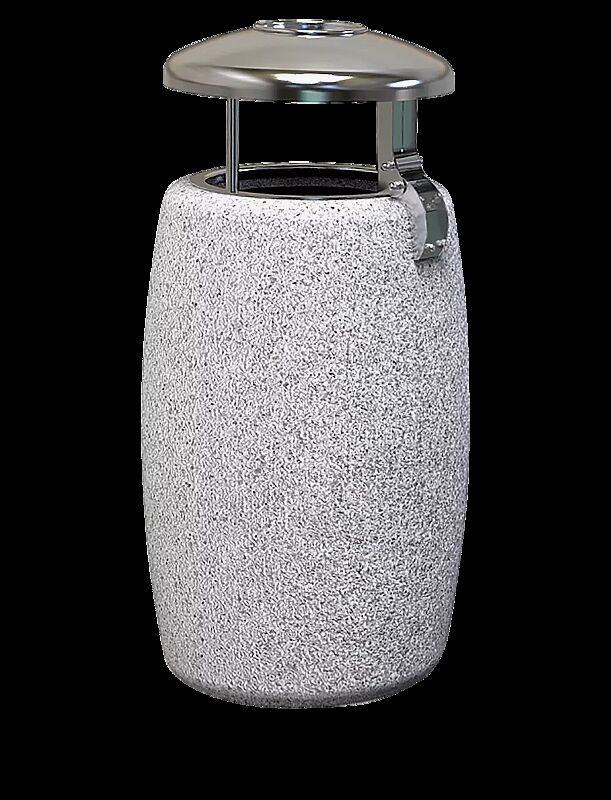 Abfallbehälter ORIONE aus Beton, in Granitoptik weiß, mit Edelstahl-Schutzdach und Ascher