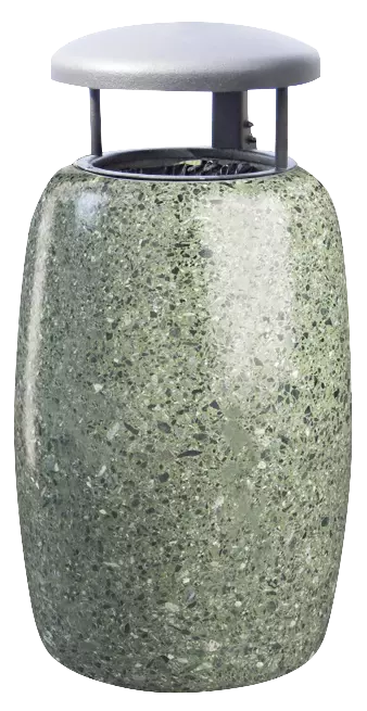 Abfallbehälter PEGASO aus rekonstituiertem Marmor geschliffen, mit Stahl-Schutzdach in Sonderfarbe RAL 9007 graualuminium (auf Anfrage), in grün alpi