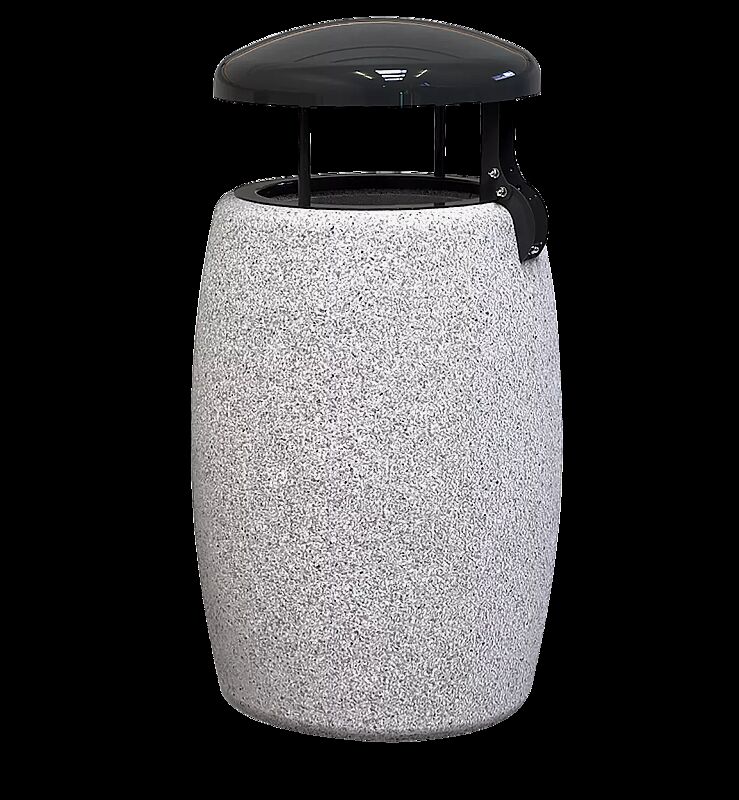 Abfallbehälter PEGASO aus Beton gestockt, in Granitoptik weiß, mit Stahl-Schutzdach in RAL 7021 schwarzgrau