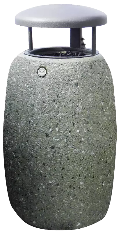 Abfallbehälter PEGASO aus rekonstituiertem Marmor gestockt, mit Stahl-Schutzdach in Sonderfarbe RAL 9007 graualuminium (auf Anfrage), in grün alpi