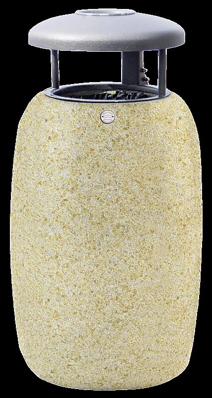 Abfallbehälter PEGASO aus rekonstituiertem Marmor gestockt, mit Stahl-Schutzdach in Sonderfarbe RAL 9007 graualuminium (auf Anfrage) und Ascher, in gelb mori
