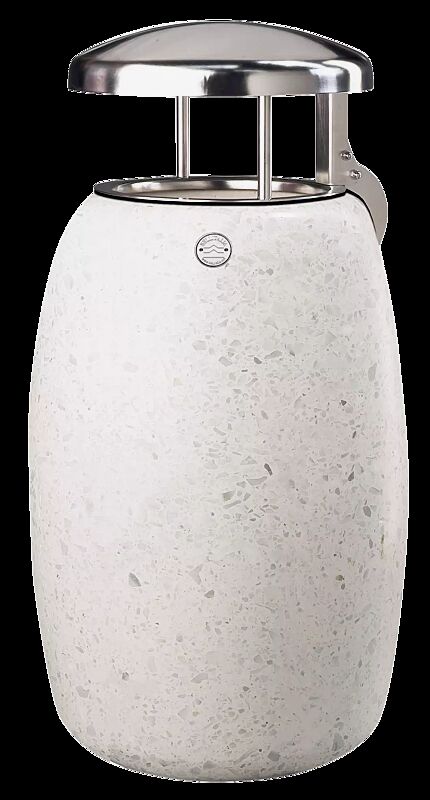 Abfallbehälter PEGASO aus Beton geschliffen, mit Edelstahl-Schutzdach, in Granitoptik weiß