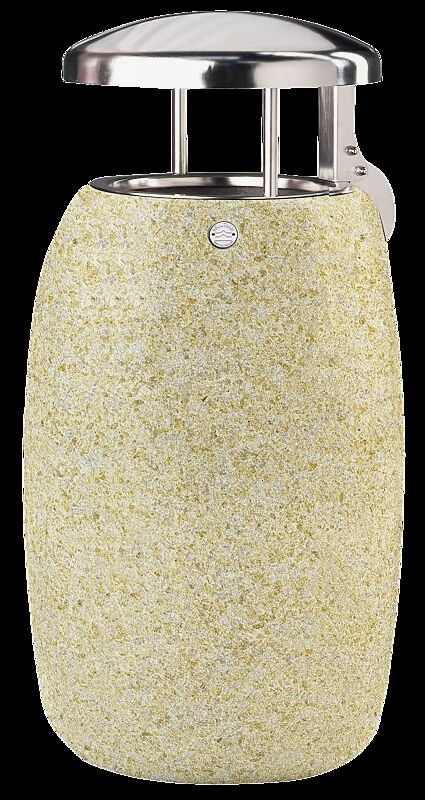 Abfallbehälter PEGASO aus rekonstituiertem Marmor gestockt, mit Edelstahl-Schutzdach, in gelb mori