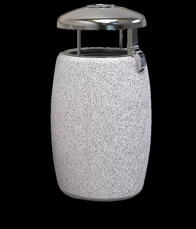 Abfallbehälter PEGASO aus Beton gestockt, in Granitoptik weiß, mit Edelstahl-Schutzdach und Ascher