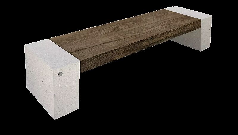 Sitzbank ERACLEA GRES ohne Rückenlehne, aus rekonstituiertem Marmor, in weiß carrara, mit Feinsteinzeug-Auflage in Holzoptik dunkel