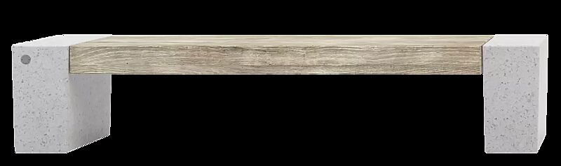 Sitzbank ERACLEA GRES ohne Rückenlehne, aus Beton, in Granitoptik weiß, mit Feinsteinzeug-Auflage in Holzoptik