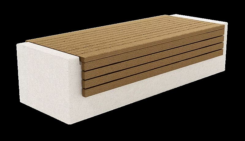 Sitzbank DEMETRA ohne Rückenlehne, aus Beton, mit umlaufender Okouméholzbelattung, in Granitoptik weiß