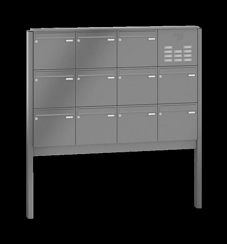 Briefkastenanlage RAGUSA mit 11 Briefkästen, zum Einbetonieren, mit Sprech- und Klingelfach, Stahlteile in RAL 9007 graualuminium
