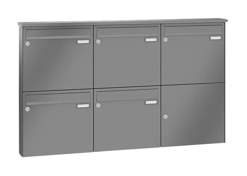 Briefkastenanlage RAGUSA mit 5 Briefkästen, Aufputzanlage, ohne Sprech- und Klingelfach, Stahlteile in RAL 9007 graualuminium
