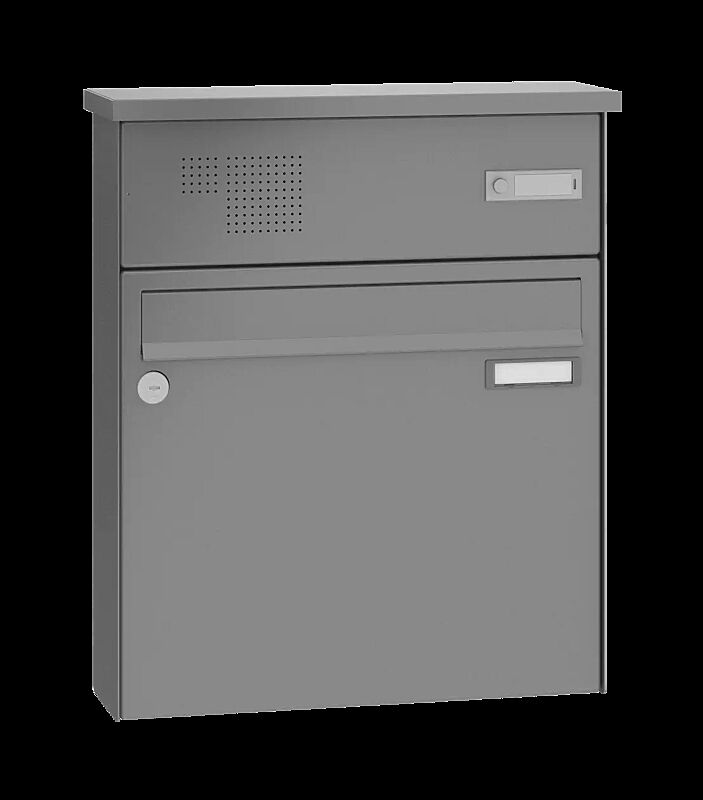 Briefkastenanlage RAGUSA mit 1 Briefkasten, Aufputzanlage, mit Sprech- und Klingelfach, Stahlteile in RAL 9007 graualuminium