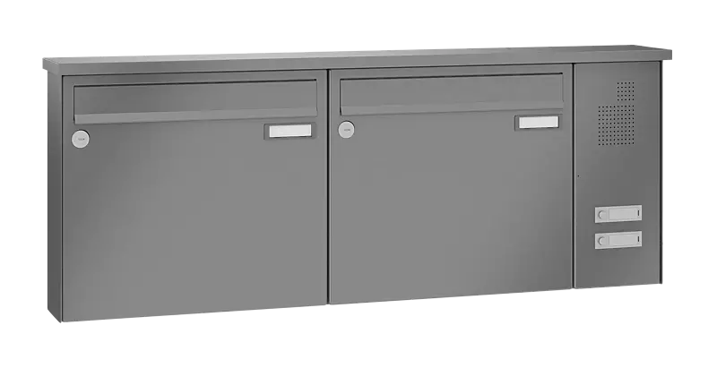 Briefkastenanlage RAGUSA mit 2 Briefkästen, Aufputzanlage, mit Sprech- und Klingelfach, Stahlteile in RAL 9007 graualuminium