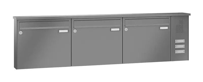 Briefkastenanlage RAGUSA mit 3 Briefkästen, Aufputzanlage, mit Sprech- und Klingelfach, Stahlteile in RAL 9007 graualuminium