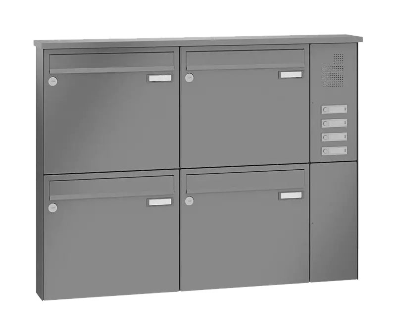 Briefkastenanlage RAGUSA mit 4 Briefkästen, Aufputzanlage, mit Sprech- und Klingelfach, Stahlteile in RAL 9007 graualuminium