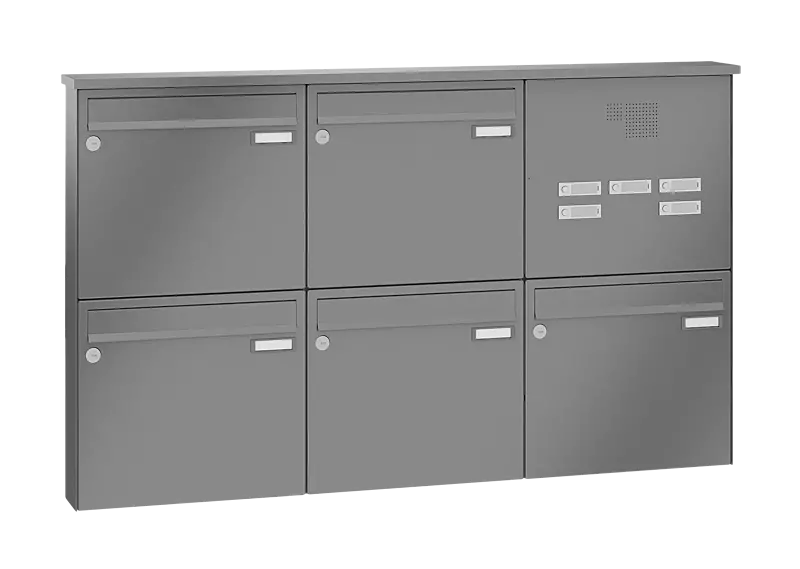 Briefkastenanlage RAGUSA mit 5 Briefkästen, Aufputzanlage, mit Sprech- und Klingelfach, Stahlteile in RAL 9007 graualuminium
