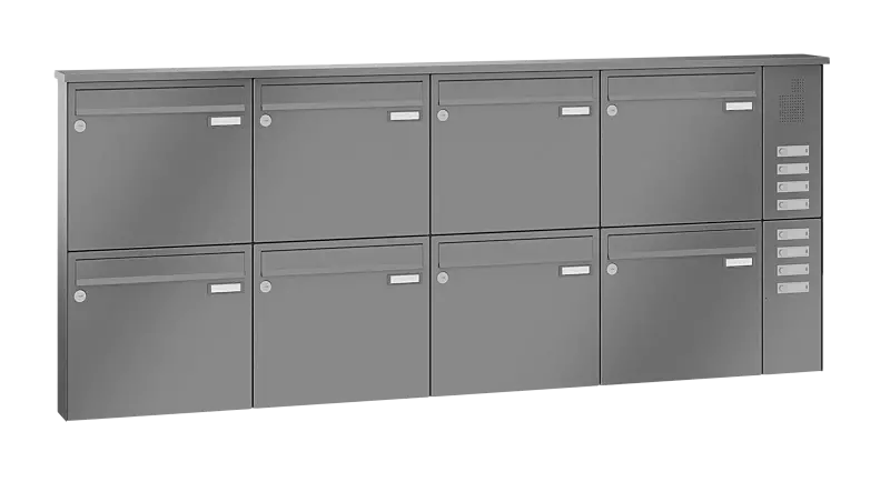 Briefkastenanlage RAGUSA mit 8 Briefkästen, Aufputzanlage, mit Sprech- und Klingelfach, Stahlteile in RAL 9007 graualuminium