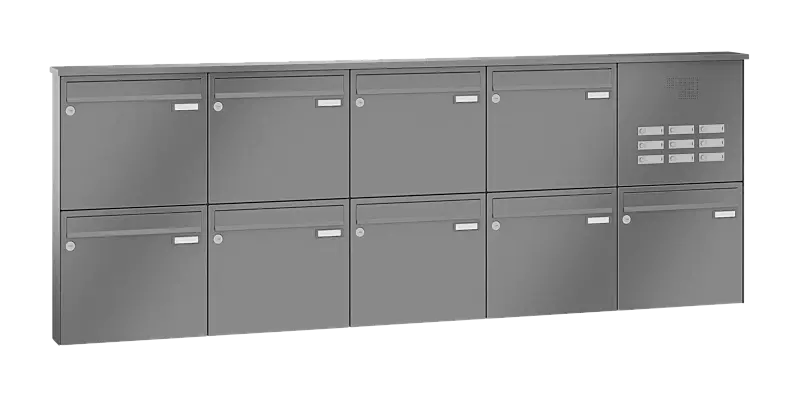 Briefkastenanlage RAGUSA mit 9 Briefkästen, Aufputzanlage, mit Sprech- und Klingelfach, Stahlteile in RAL 9007 graualuminium