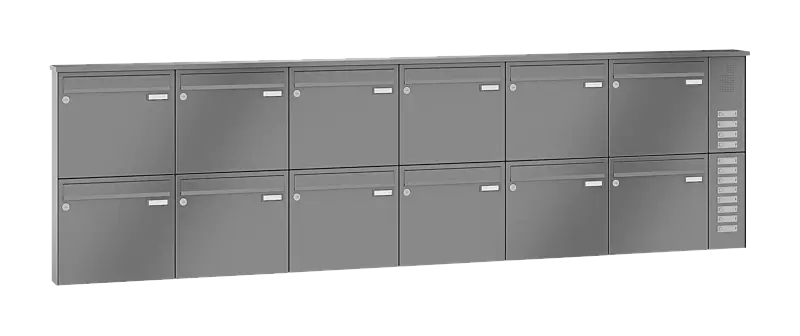 Briefkastenanlage RAGUSA mit 12 Briefkästen, Aufputzanlage, mit Sprech- und Klingelfach, Stahlteile in RAL 9007 graualuminium