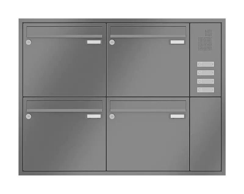 Briefkastenanlage RAGUSA mit 4 Briefkästen, Unterputzanlage, mit Sprech- und Klingelfach, Stahlteile in RAL 9007 graualuminium