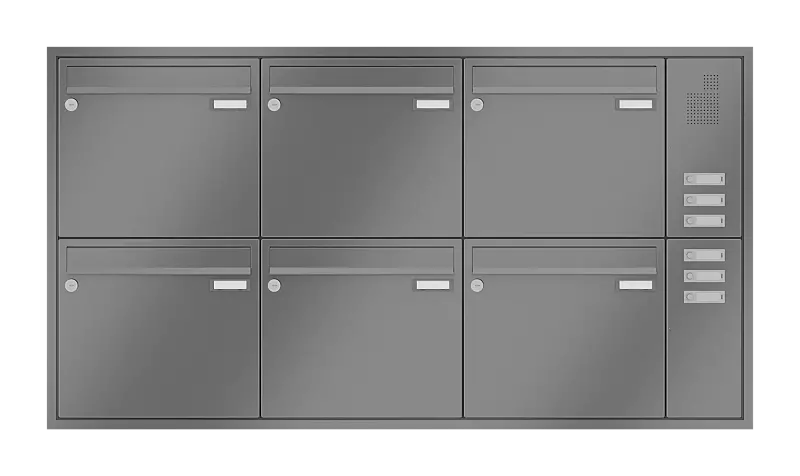 Briefkastenanlage RAGUSA mit 6 Briefkästen, Unterputzanlage, mit Sprech- und Klingelfach, Stahlteile in RAL 9007 graualuminium