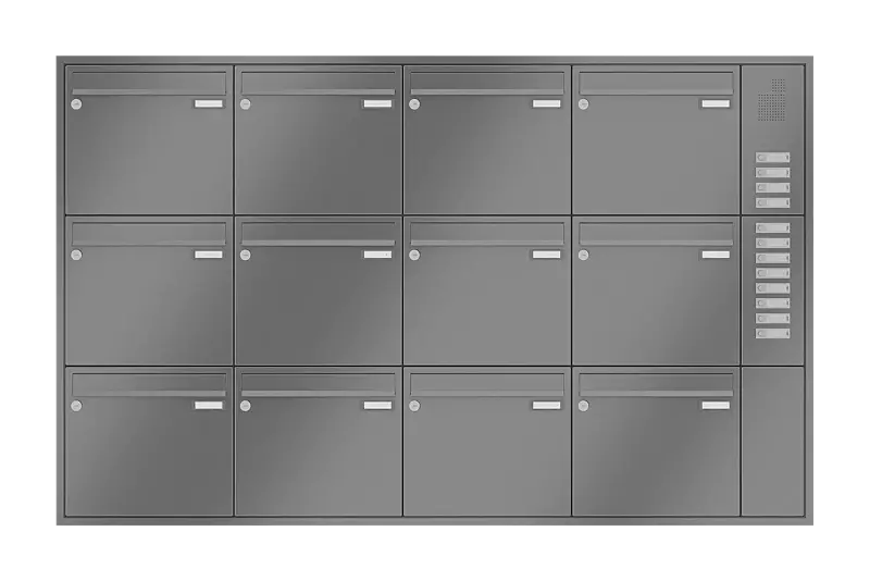 Briefkastenanlage RAGUSA mit 12 Briefkästen, Unterputzanlage, mit Sprech- und Klingelfach, Stahlteile in RAL 9007 graualuminium