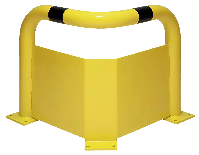 Rammschutzwinkel KEURU mit Unterfahrschutz für den Innenbereich, zum Aufdübeln, Höhe 600 mm, gelb kunststoffbeschichtet mit schwarzen Signalstreifen
