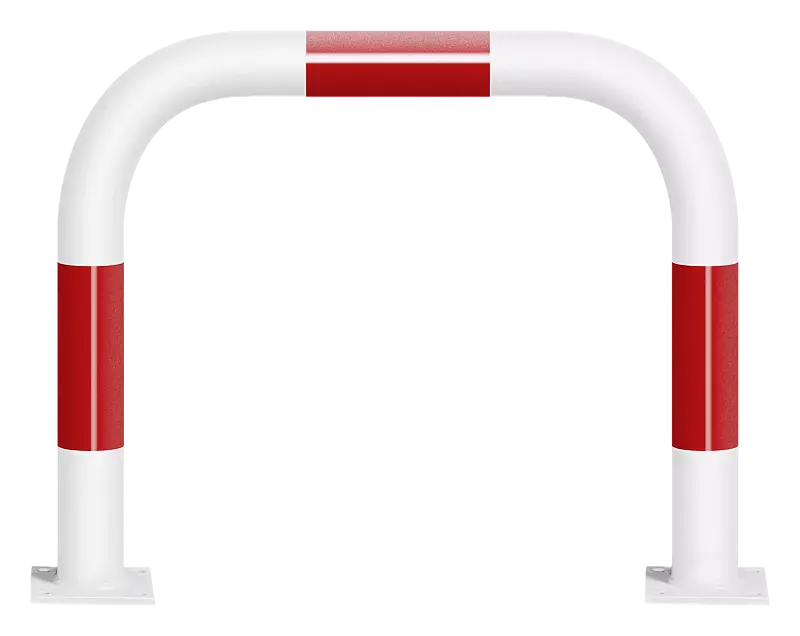 Rammschutzbügel KITEE ohne Unterfahrschutz, zum Aufdübeln, H x B 600 mm x 750 mm, weiß kunststoffbeschichtet mit roten Signalstreifen