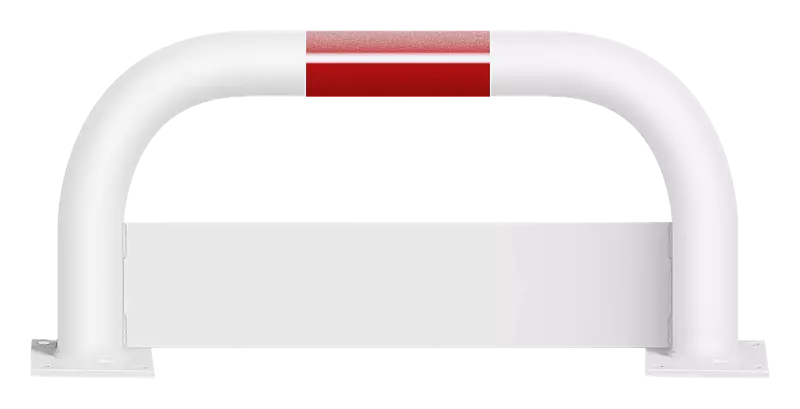 Rammschutzbügel KITEE mit Unterfahrschutz, zum Aufdübeln, H x B 350 mm x 750 mm, weiß kunststoffbeschichtet mit roten Signalstreifen