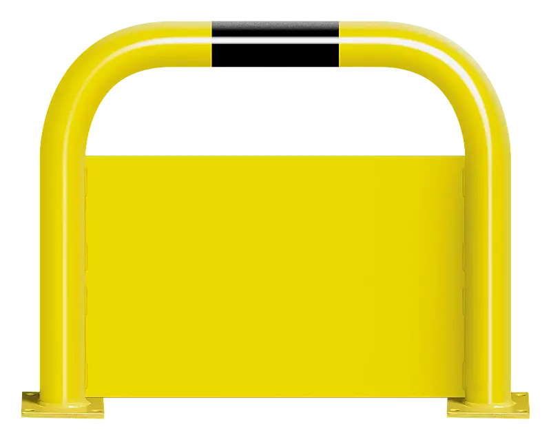 Rammschutzbügel KITEE mit Unterfahrschutz, zum Aufdübeln, H x B 600 mm x 750 mm, gelb kunststoffbeschichtet mit schwarzen Signalstreifen