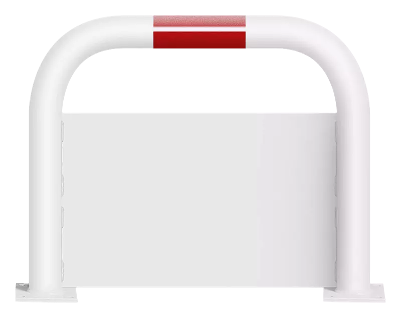 Rammschutzbügel KITEE mit Unterfahrschutz, zum Aufdübeln, H x B 600 mm x 750 mm, weiß kunststoffbeschichtet mit roten Signalstreifen