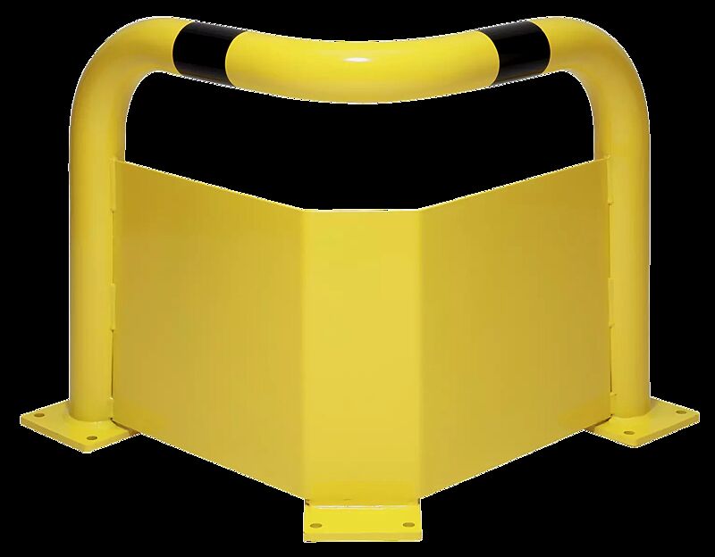 Rammschutzwinkel KEURU mit Unterfahrschutz für den Innenbereich, zum Aufdübeln, Höhe 600 mm, gelb kunststoffbeschichtet mit schwarzen Signalstreifen