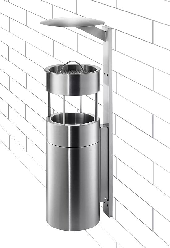 Abfallbehälter QUEEN mit Ascher, zur Wandbefestigung, Abfallbehälter mit Aufsatzring, Ascher mit Sieb