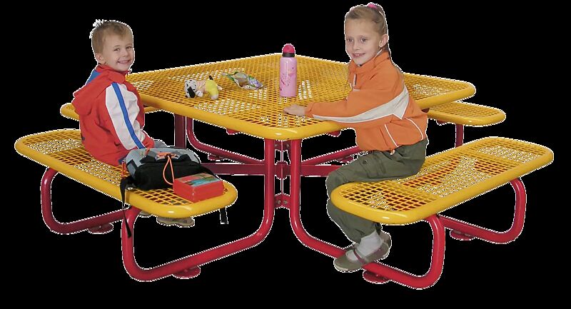 Bank-Tisch-Kombination GRADO (für Kinder), Sitz- und Tischfläche in RAL 1007 narzissengelb, Bankgestell in RAL 3001 signalrot