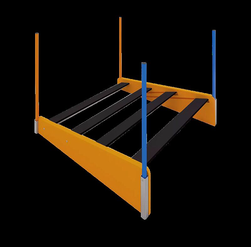 Hundeweitsprungtrainer KIRSI, Gestell in daliengelb ähnlich RAL 1033, Stangen in daliengelb ähnlich RAL 1033 und RAL 5015 himmelblau, Weitsprungelemente in RAL 9005 tiefschwarz