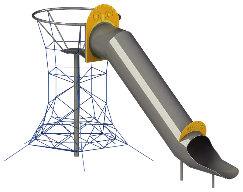 Klettergerüst VULKAN, HDPE-Kunststoffpaneele in signalgelb ähnlich RAL 1003, Kletterseile in Blau