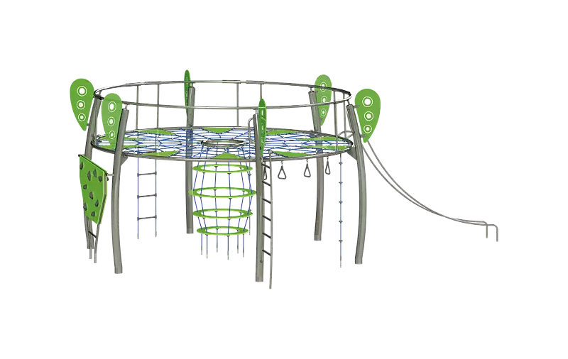 Spielkombination HEXA FLOWER, HDPE-Kunststoffpaneele in leuchtgrün ähnlich RAL 6038, Kletterseile in Blau