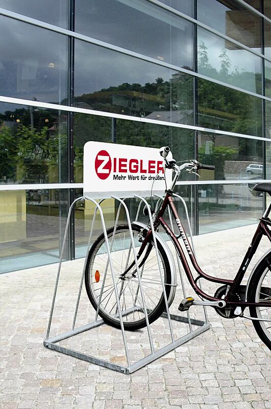 Werbefahrradständer WARWICK mit Werbeschild, 4 Stellplätze, feuerverzinkt