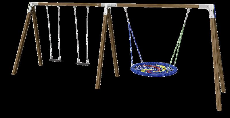 Zweifachschaukel TWINS mit 2 Standard-Sicherheitsschaukelsitzen und Nestschaukel, Schaukelbalken aus Holz