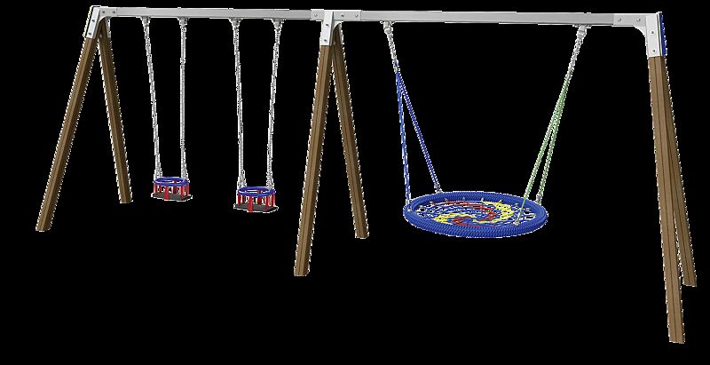 Zweifachschaukel TWINS mit 2 Kleinkind-Sicherheitssitzen und Nestschaukel, Schaukelbalken aus Edelstahl