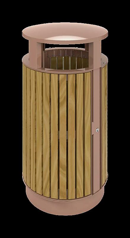 Abfallbehälter PLAZA WOOD mit Holzbelattung, Stahlteile in RAL 3012 beigerot