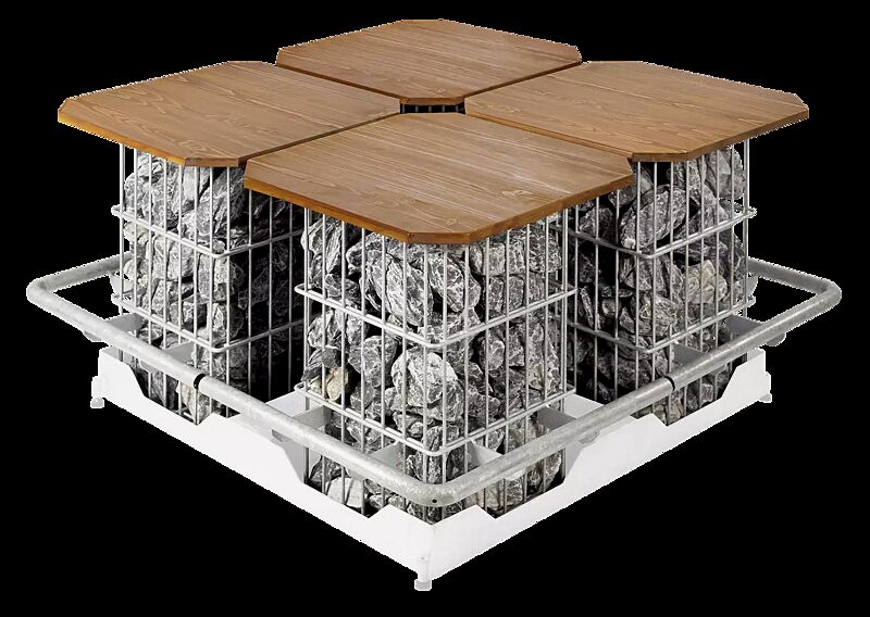 Sitzelement-Set, 1 Set = Platten-Schirmständer und 4 Drahtkörbe mit HPL-Auflage in hellbraun und Fußstütze