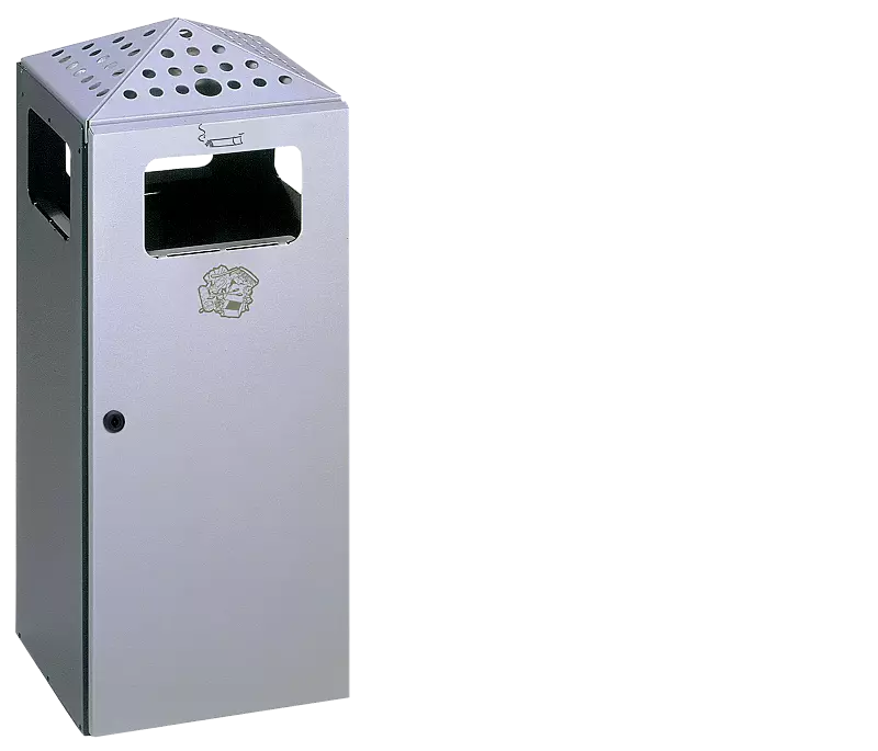 Abfallbehälter LUTON mit Ascher, aus Stahlblech, Korpus in schwarzgrau ähnlich RAL 7021, Tür und Oberteil in weißaluminium ähnlich RAL 9006