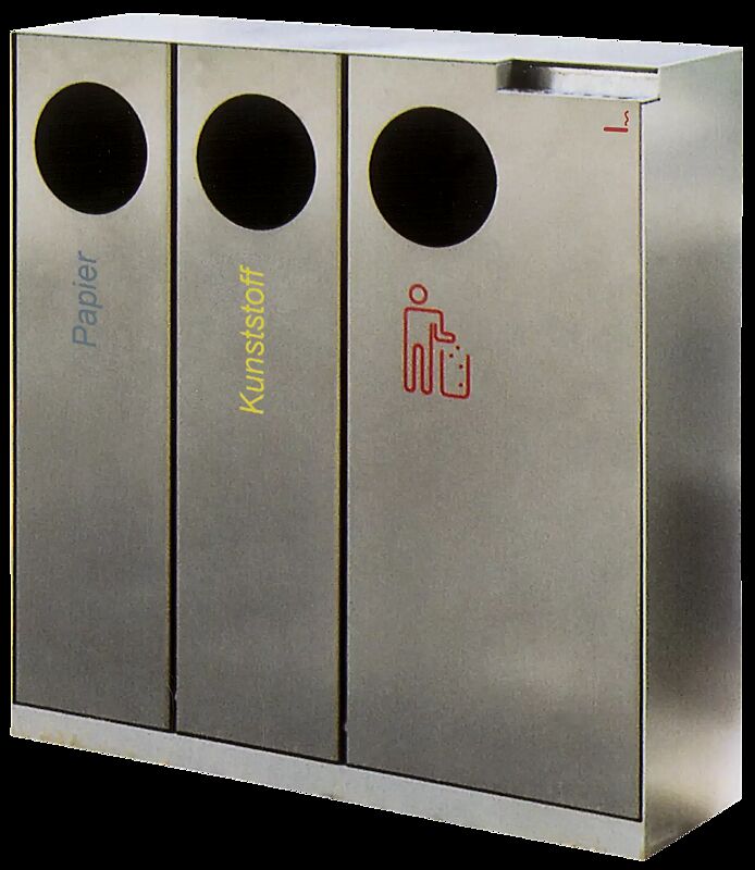 Abfallbehälter CRYSTAL TRIO mit 1 Ascher, 2 x 32 und 1 x 55 Liter, ohne Einwurfklappe, Edelstahl, Siebdruck in RAL 5002 ultramarinblau, RAL 1028 melonengelb und RAL 3020 verkehrsrot