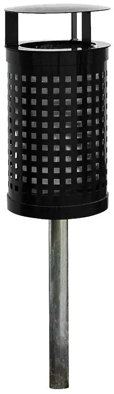 Abfallbehälter NIGEL, in RAL 9005 tiefschwarz, mit Pfosten (mittig) zum Einbetonieren
