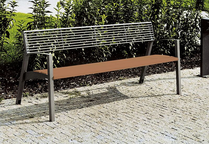 Sitzbank VERA mit Rückenlehne und Armlehnen, Rückenlehne aus Rundstahl, Sitzfläche aus Jatobaholzbelattung, Stahlteile in DB 703 eisenglimmer